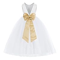 ekidsbridal White V-Back Satin Flower Girl Dress with Colored Sash Princess Gown 219T