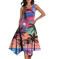 Casual Sun Dresses for Women 2024 Hawaiian Dresses for Women Summer Print Casual Fashion Elegant Ceach Dress Sleeveless Round Neck Flowy Dresses Blue Large