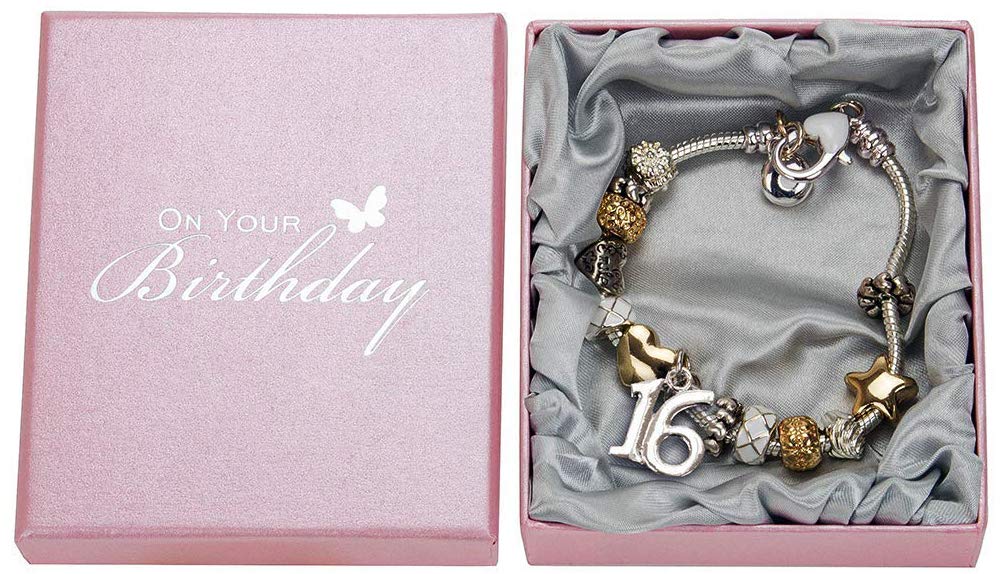 Haysom Interiors Lovely 16th Birthday Silver Plated Charm Bracelet with Hearts, Stars and Rings - Perfect Sweet 16 Gift Idea