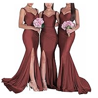 Women's Mermaid Bridesmaid Dresses with Spaghetti Strap Ruched Satin Formal Evening Prom Gowns