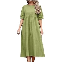 Women High Waist Cotton Linen Dresses Summer Casual Short Sleeve Tunic Dress Simple Comfy T Shirts Dress Loose Fit
