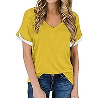 Womens Basic Summer Tops Short Sleeve V Neck Solid Color Relaxed Fit Casual T Shirts Cotton Blend Soft Comfy Tees