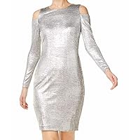 Calvin Klein Womens Petites Cold Shoulder Metallic Cocktail Dress Silver 12P