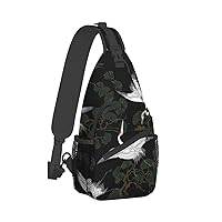Japanese Crane & Pine Print Crossbody Backpack Shoulder Bag Cross Chest Bag For Travel, Hiking Gym Tactical Use