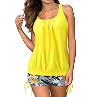 Women Twist Tummy Control 2 Piece Tankini Swimsuit Padded Modest Ruffled Flounce Top Swimwear Bathing Suit