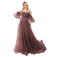 Off Shoulder Tulle Prom Dresses Lace Appliques Formal Dress Long Spaghetti Straps Ball Gown with Puffy Sleeve for Women Burgundy