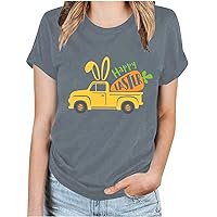 Happy Easter Shirts for Women Funny Rabbit Bunny Truck Printed T Shirt Easter Summer Short Sleeve Holiday Tee Tops