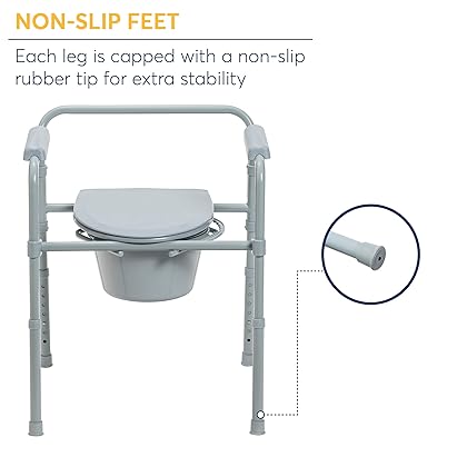 Drive Medical 11148-1 Folding Steel Bedside Commode Chair, Portable Toilet, Supports Bariatric Individuals Weighing Up To 350 Lbs, with 7.5 Qt. Bucket and 13.5 Inch Seat, Grey