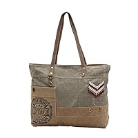 Military Badge Upcycled Canvas and Genuine Leather Trim Tote Bag