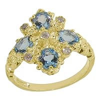 18k Yellow Gold Real Genuine Aquamarine & Diamond Womens Band Ring (0.09 cttw, H-I Color, I2-I3 Clarity)