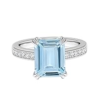 1.00 Ctw Emerald-Cut Aquamarine Gemstone With Simulated Diamond Accents 9K Gold Solitaire Stackable Ring