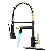 Qomolangma Commerical LED Kitchen Faucet with Pull Down Sprayer, Single Handle 2 Spout Stainless Steel Spring Kitchen Sink Faucet with Lock, Matte Black and Gold