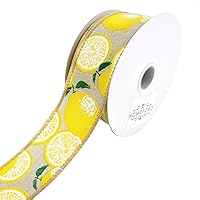 Homeford Bright Printed Lemons Wired Linen Ribbon, 1-1/2-Inch, 10-Yard (Natural)