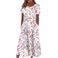 Summer Dresses for Women 2024 Trendy Crewneck/V Neck Maxi Dress Short Sleeve Dressy Casual Sundress with Pocket Sales Today Clearance(7-Pink,XX-Large)