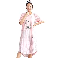 COMIART Women Cotton Nightdress Cartoon Cat Printing Nightie Soft Pink Sleepwear Korean Style with Button Design