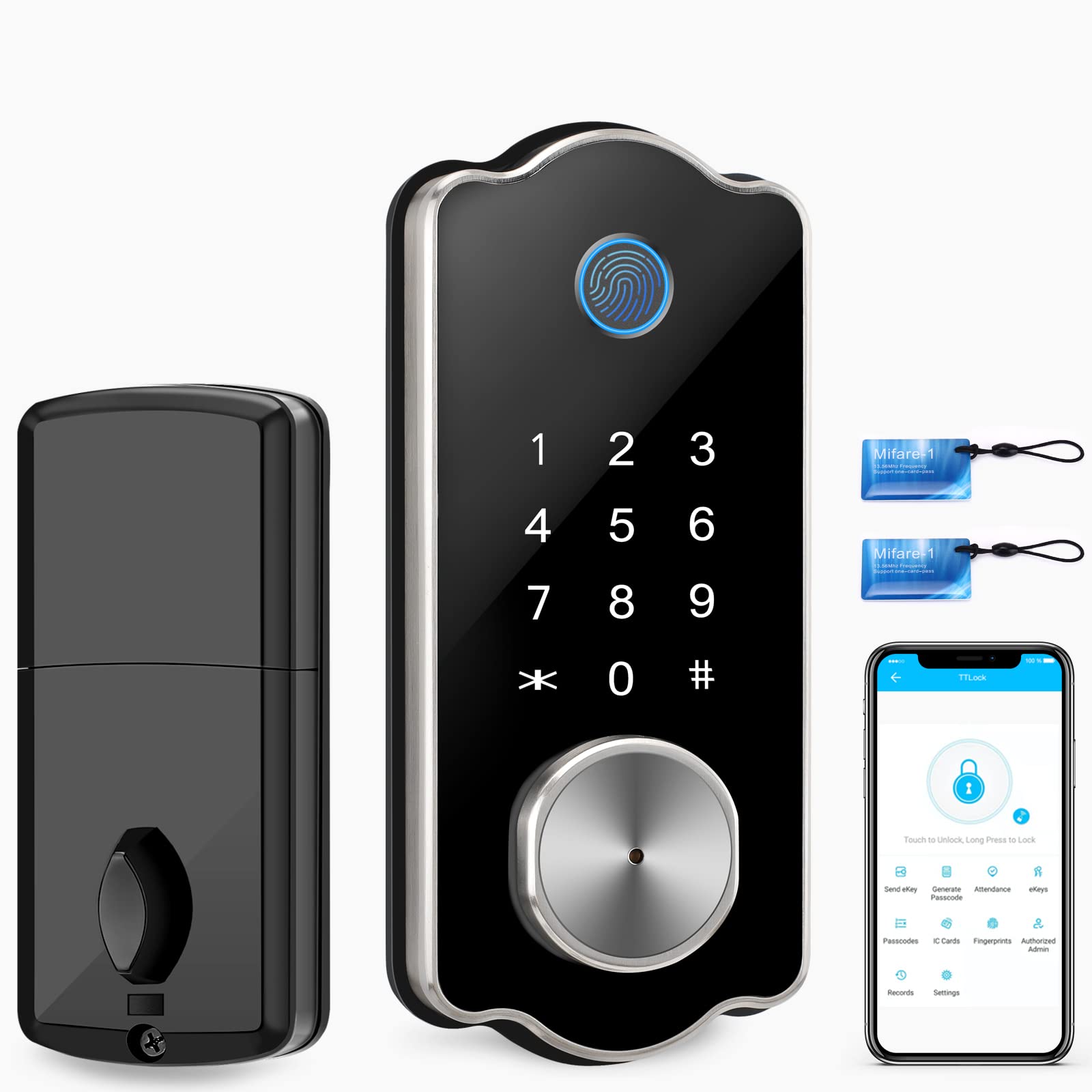 JIGUOOR 5 in 1 Smart Lock, Keyless Entry Door Lock, with Biometric Fingerprint, Electronic Bluetooth, Keys, IC Card, Touchscreen Keypad, Auto Lock,...
