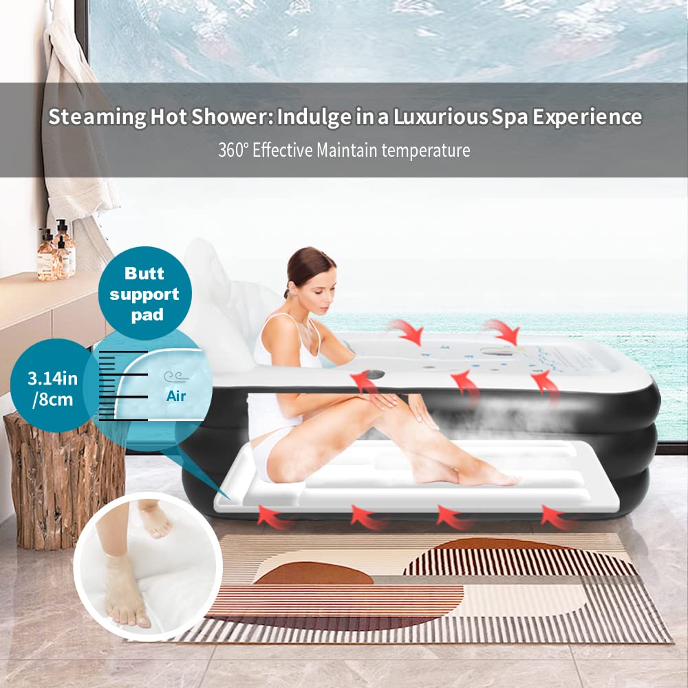 Nevife Inflatable Blow Up Bathtub with Bath Base,Headrest,Cup Holder and Pocket Storage,Foldable/Portable Free Standing Bath Tub for Adult Spa, Ideal for Hot Bath/Ice Bath 63