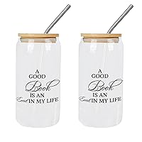 2 Pack Glass Cups with Lids And Straws A Good Book Is An Event in My Life Glass Cup Cute Glass Cups Gift for Mother Day Cups Great For For Iced Coffee Cocktail Tea Juice
