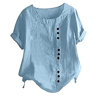 Summer Women Cotton Linen T-Shirt Tops Casual Trendy Loose Fit Tunic Tees Plus Size Short Sleeve Button Up Blouses
