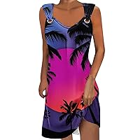 Womens Summer Dress Ocean Coconut Palm Tree Sunset 3D Graphic Print Hawaiian Dress Sleeveless Beach Tank Mini Dress Sundress