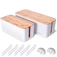 2 Pack Large Cable Management Box – Wooden Style Cord Organizer and Cover for TV Wires, Computer, Router, USB Hub and Under Desk Power Strip – Safe ABS Material and Baby-Pets Proof Lock (White)