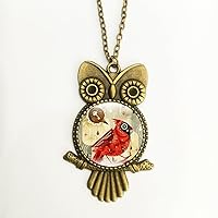 Joyplancraft Vintage Brass Big Eye Owl On Branch Necklace Cute Owl Picture Glass Dome Necklace