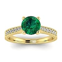 MRENITE 10K 14K 18K Gold Emerald Ring for Women Simulated Emerald Classic Design Engrave Name Size 4 to 12 Anniversary Birthday Jewelry Gifts for Her