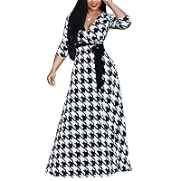 BFFBABY Women's Wrap V Neck Plus Size Maxi Dresses 3/4 Sleeves Chain Floral Printed Swing Dress with Belt