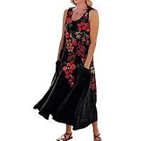 Summer Dress with Pockets Vintage Dress for Women Fashion Print Casual Loose Flowy Beach Dresses Sleeveless U Neck Linen Dress with Pockets Red Medium