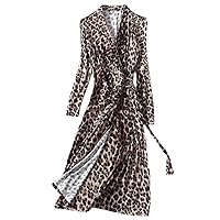 Women V-Neck Leopard Printing Button Lace-Up Stretch Maxi Dress