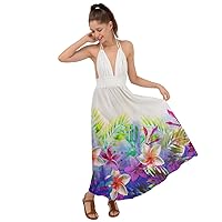 CowCow Womens Tie Dye Deep V-Neck Party Dresss Stylish Hawaii Hibiscus Pattern Backless Maxi Beach Dress