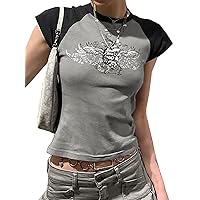 Y2K Crop Tops for Woman Short Sleeve Crew Neck Baby Tees Grunge Wing Print T-Shirt