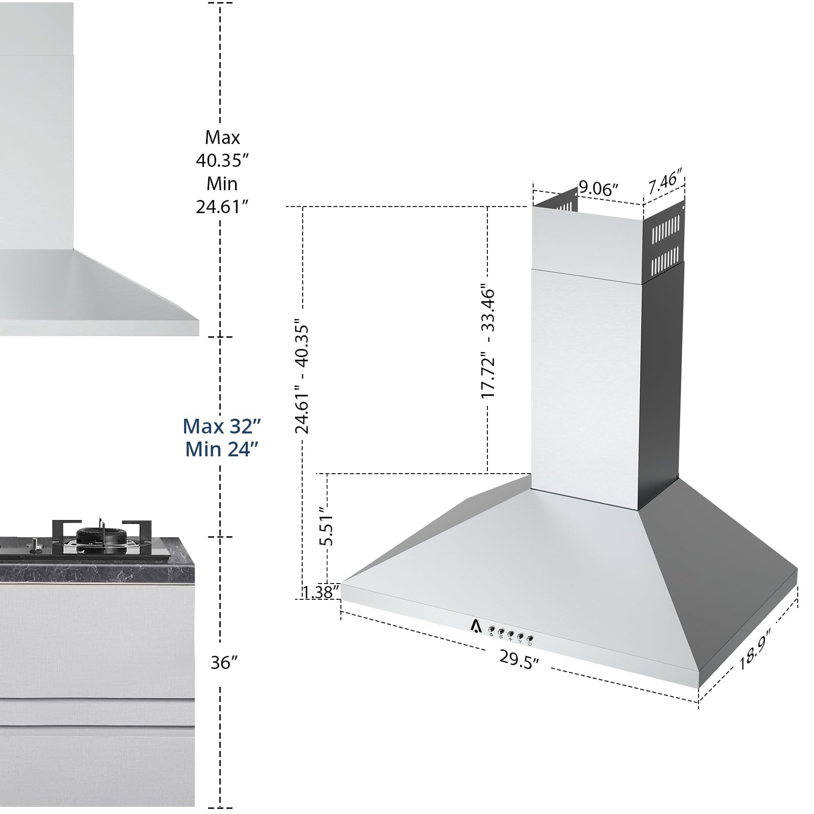 Aprafie Kitchen Hood, Wall Mount Range Hood 30 inch with 2m Ventilation Duct and 5-Layer Aluminum Permanent Filters Ductless/Ducted Convertible for Stove Kitchen