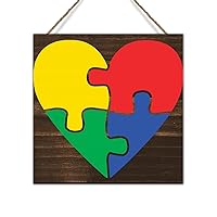 Puzzle Autism Heart Wall Decor Sign Autism Awareness Wood Sign Autism Support Vintage Rustic Wood Hanger Sign for Living Room Bathroom Autism Awareness Day April Sign Children Birthday Gift