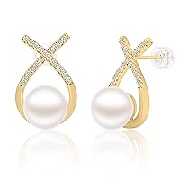 Pearl Earrings for Women,925 Sterling silver AAAA+ Freshwater 9.5mm-10mm Pearl Earrings Stud,14K Gold Plated 5A Cubic Zirconia Earrings Jewelry for Girls,Elegant Jewelry for