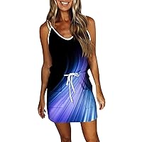 Dresses for Women 2024 Casual Sun Summer for Teens Printed Loose Sleeveless Pocket V-Neck Dress