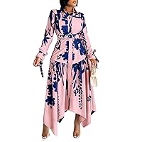 Women's Elegant Botanical Printed Dress Lapel Long Sleeve Button Closure High Waist Irregular Hem Maxi Dress with Belt