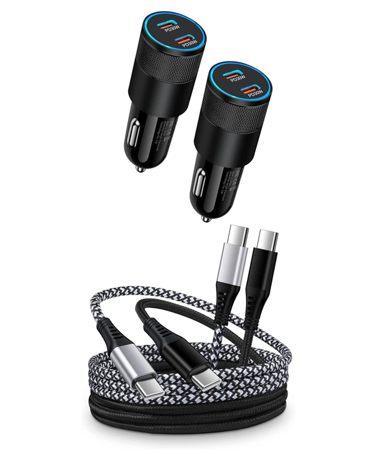 AILKIN 2 Pack Dual Port USB C Car Charger + 2Pack 6ft Fast Charging Type C to C Cable