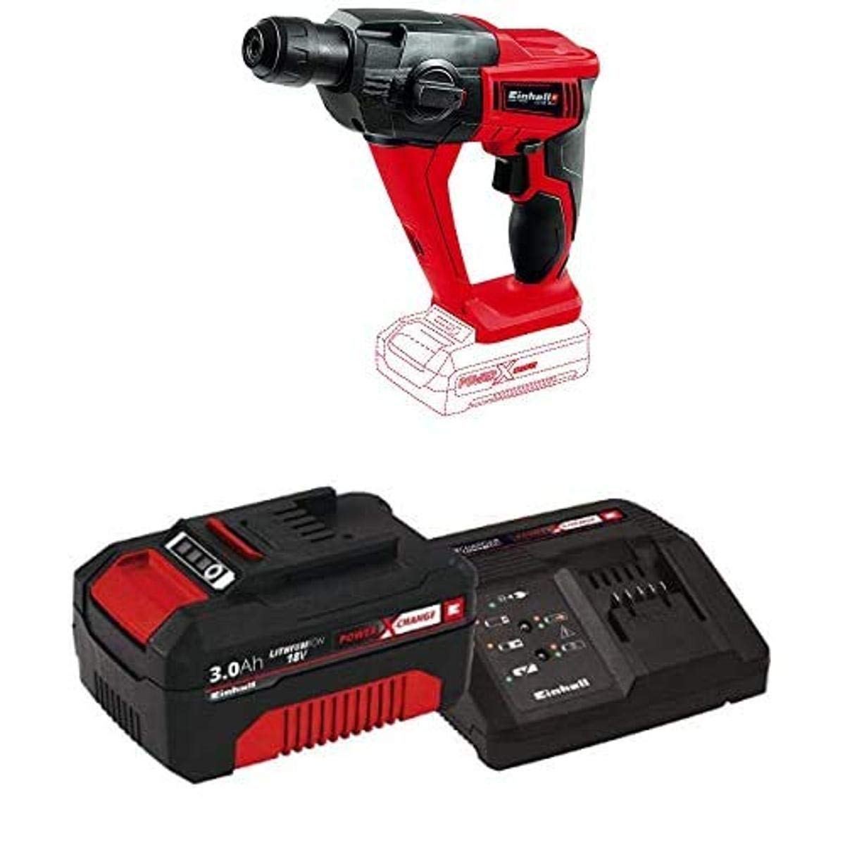Einhell TE-HD 18 Li Power X-Change 18-Volt Cordless 1/2-Inch, 1100-RPM Rotary Hammer Drill, 1.2J Impact Power, w/SDS-Plus, Chisel Only Mode, Concrete/Stone, Kit (w/ 3.0-Ah Battery and Fast Charger)