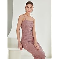 Women Dresses Pearls Beaded Ruched Side Mesh Cami Bodycon Dress (Size : Medium)