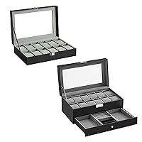 SONGMICS 2 Items Bundle - Watch Boxes, 12-Slot Watch Box with Large Glass Lid and Removable Watch Pillows, 2-Layer Case with 12 Slots, Black Synthetic Leather, Gray Lining UJWB12BK and UJWB012