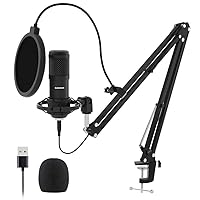 Sudotack USB Streaming Podcast PC Microphone, 192KHz/24Bit Studio Cardioid Condenser Mic Kit with Sound Card, Boom Arm, Shock Mount, Pop Filter, for Skype, YouTuber, Karaoke, Gaming, Recording