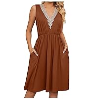 Western Dress for Women,Women Casual Dress Sleeveless Pockets Lace Stitching V Neck Dresses Loose Dresses for