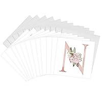 3dRose Greeting Cards - Pretty Pink Floral and Babies Breath Monogram Initial N - 12 Pack - Floral Monograms