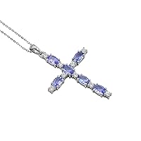 Natural 6X4 MM Oval Cut Blue Tanzanite Gemstone Holy Cross Pendant Necklace 925 Sterling Silver December Birthstone Tanzanite Jewelry Love And Friendship Gift For Girlfriend (PD-8418)