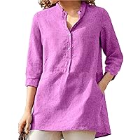 Women's 3/4 Sleeve Stand Collar Cotton Linen Shirt Cotton Button Down Shirt Casual Loose Fit Linen Blouse