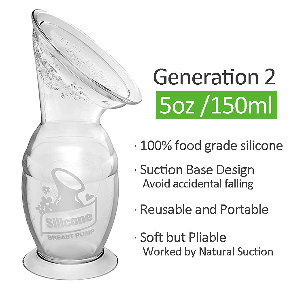 Haakaa Gen 2 Silicone Breast Pump with Suction Base and Leak-Proof Silicone Cap, 5 oz/150 ml, BPA PVC and Phthalate Free 1 Count (Pack of 1)