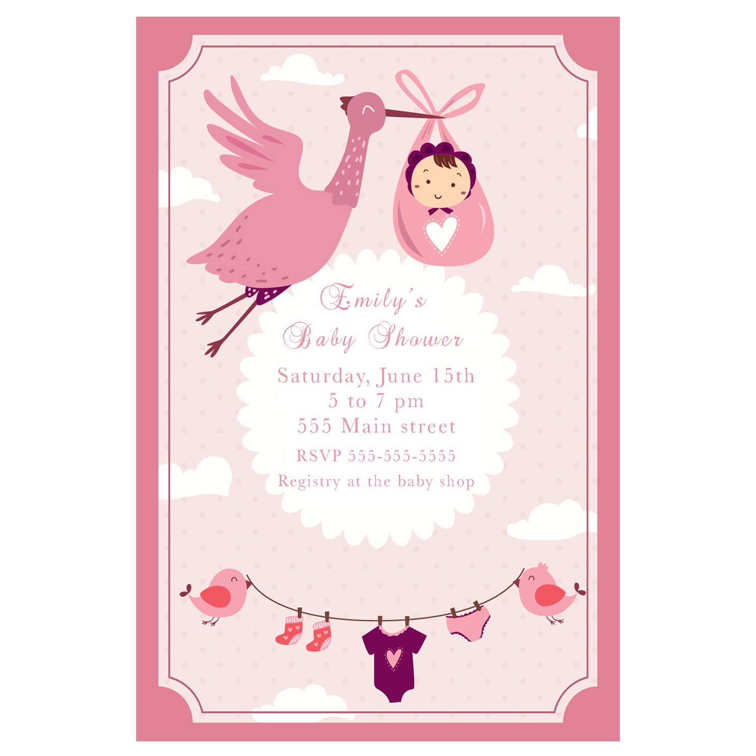 30 Invitations Stork Baby Shower Personalized Pink + 30 White Envelopes