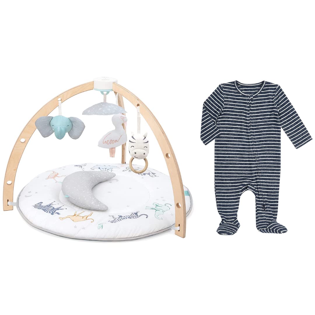 aden + anais Gift Set Bundle - Play and Discover Baby Activity Gym - Snuggle Knit Baby Boy Long Sleeve Zipper, Navy Stripe, 0-3M