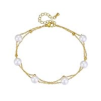 316L Stainless Steel Double Layer Pearl Charm Anklets for Women Girl Leg Chain Jewelry Birthday Gift Party